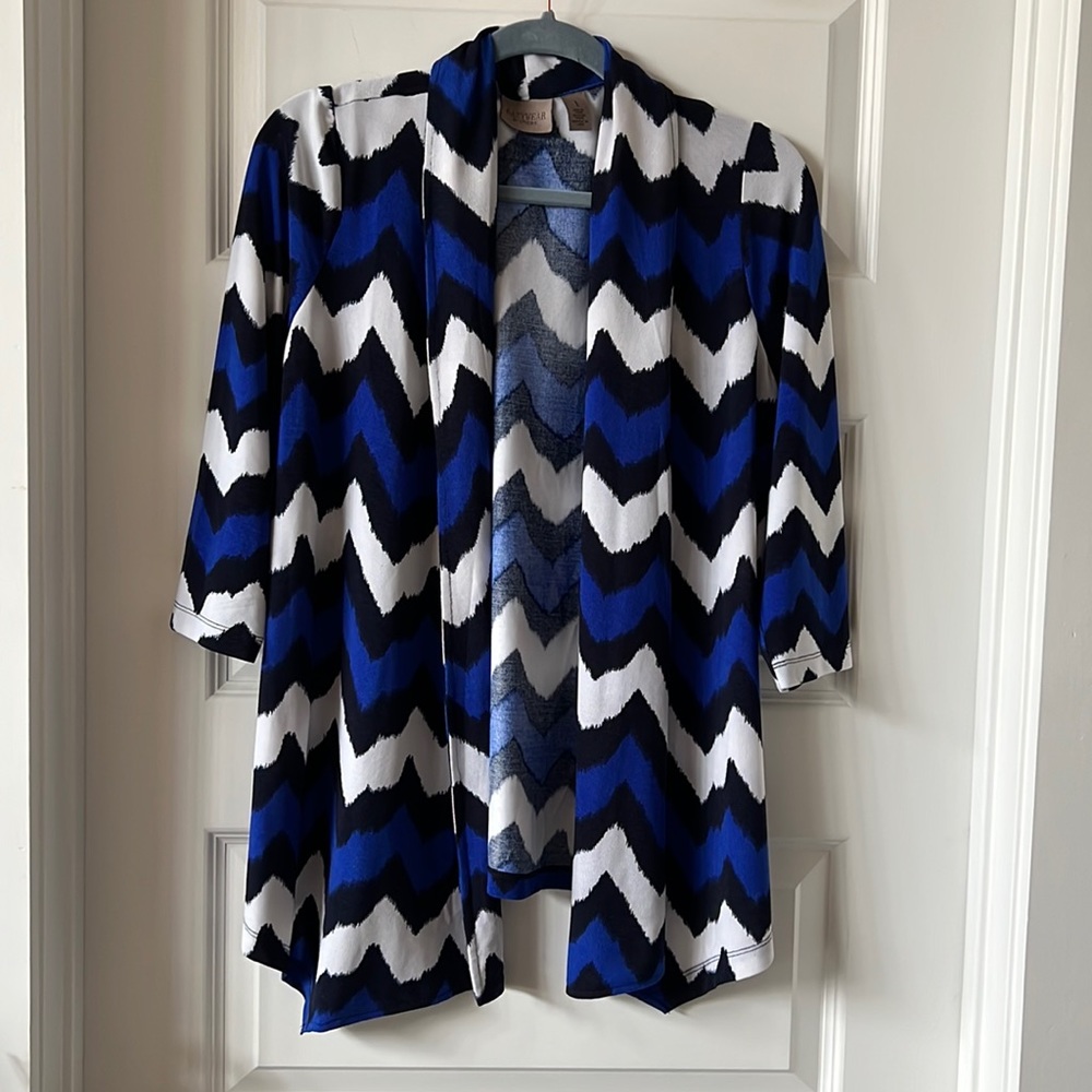 Cobalt blue patterned, open front jacket by Chicos, size 1